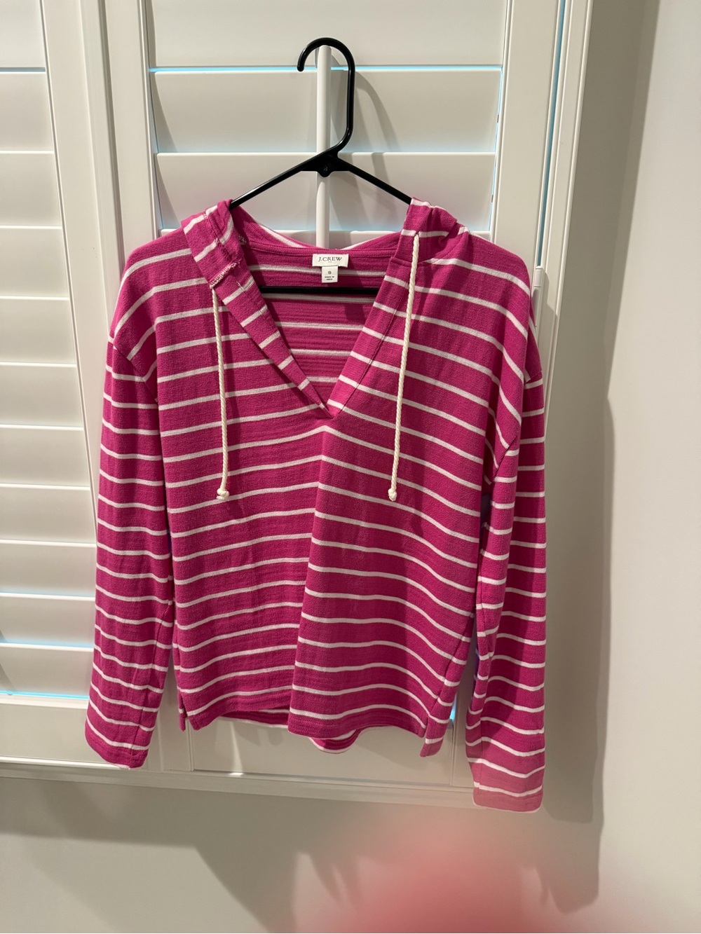 J. Crew Factory Fuchsia and White Striped Hooded V-Neck Pullover